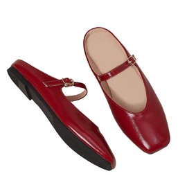 VFDB Women French Style Mules Elegant Dressy Flats Closed Toe Strap Mary Jane Casual Office Shoes Wine red US 9