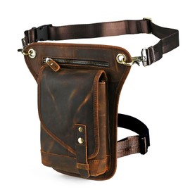 Handadsume Water Resistant Canvas + Leather Motorcycle Fanny Waist Pack One Shoulder Drop Leg Thigh Bag For Men Women FB211-6 (211-6 Brown)