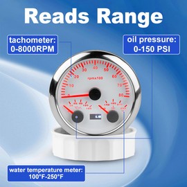 WATERWICH 3 in1 Car Marine Gauge 85mm 7 Colors Oil Pressure Gauge + Tachometer 8000 RPM + Water Temperature Gauge 100°F-250°F for Truck Boat Vehicle