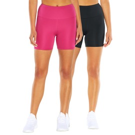 Bally Total Fitness Women's High Rise 5" Bike Short-2 Pack, Black/Fuchsia Red