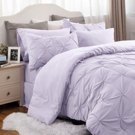 5 Piece Bed in Bag All Seasons Fluffy Comforter Set Twin Size | Pretty Pintuck Pinch Pleat Geometric Pattern Shabby Chic Bedding | Lilac Light Purple Color Soft Plush Cozy Feel Farmhouse Look