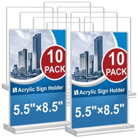 Acrylic Sign Holder 5.5 x 8.5, 10 Pack Double-Sided Stand up Table Top Clear Sign Holders, T Shape Plastic Acrylic Picture Frame Menu Flyer Paper Holder Display Stands for Office Store Wedding Party
