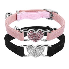 cobee Bling Heart Cat Collar with Bell, Adjustable Kitten Collar with Safety Belt, Rhinestone Pet Collar for Small Cats and Dogs (Pink) (Black + Pink)