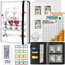 100 Envelope Money Saving Challenge Binder, PU Leathers A5 Money Saving Budget Binder with Cash Envelopes & 3 Reusable Budgeting Planner Trackers, Bear Couple On Bench Pattern Fun Planner Book