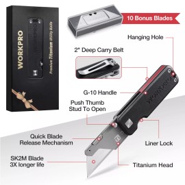WORKPRO Premium Titanium Utility Knife, CNC Unibody w/10 Extra Blades G-10Handle