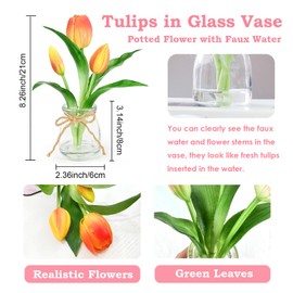 Lovmeety Tulips Artificial Flowers in Vase, Real Touch Tulips with Faux Water Orange Flowers with Vase Floral Table Centerpiece for Home Office Party Desk Decor