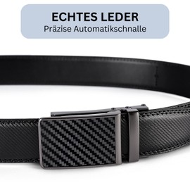 Frentree Men's Carbon, Automatic Leather Belt with Ratchet, 35 mm Genuine Leather Strap without Holes with Automatic Buckle, Leather Belt Can be Shortened