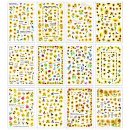 LANODO 12 Pcs Nail Stickers 3D Multiple Styles Sunflower DIY Nail Sticker Set Beautiful Plants