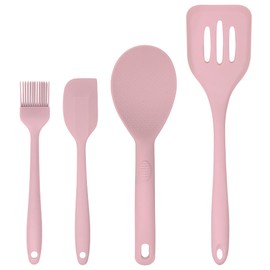 JS Gourmet 4 Pcs Silicone Kitchen Utensils Set, Heat Resistant, Non Scratch Cooking Spoon Set, Spatula, Slotted Turner, Basting Brush and Rice Paddle for Nonstick Cookware - Pastel Pink
