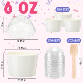 200 Pack Ice Cream Cups with Dome Lids No Hole and Spoons Bulk Disposable Paper Dessert Bowls White Sundae Containers for Snack Yogurt Soup Birthday Summer Ice Cream Party Supplies (6 oz)
