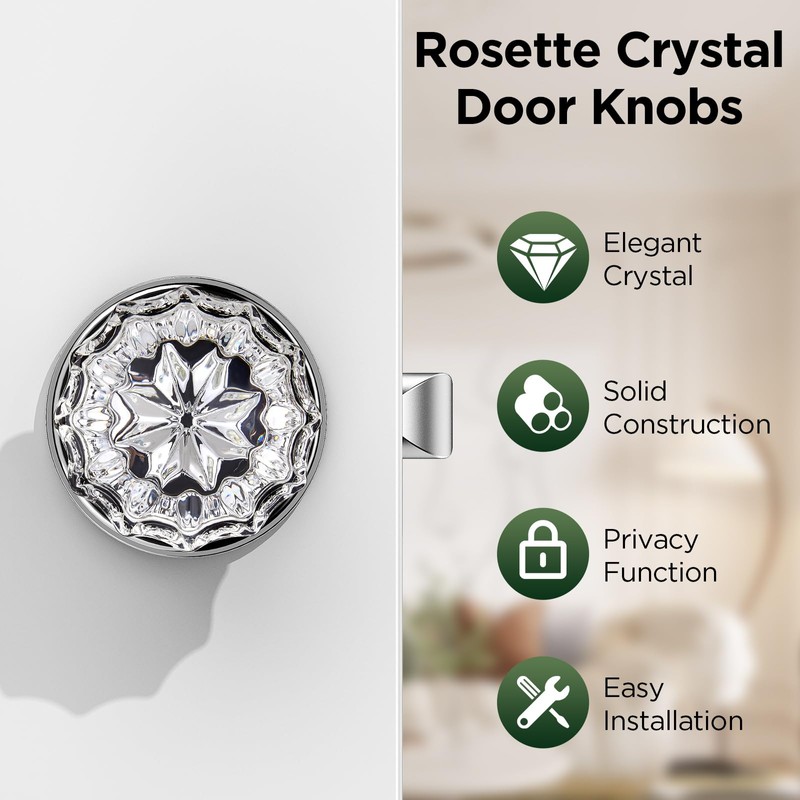 MAXECURITY 1 Pack Crystal Door Knob, Rosette Shaped Glass Door