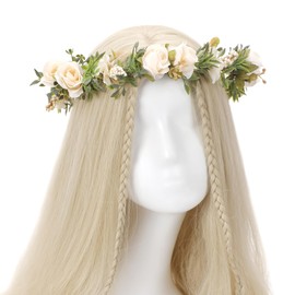 KorViSHOW White Flower Crown Headband- Handmade Fairy Rose Floral Headpiece Adjustable White Flower Headbands for Women Girls Wedding, Renaissance Party, Festival Decoration, Hair Styling Accessory