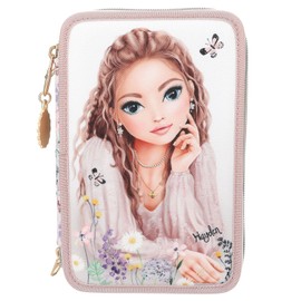 Depesche 13302 TOPModel Summer Feeling - Filled 3-Compartment Pencil Case in Pink, with TopModel Motif and Flowers, Pencil Case with Colouring Pencils, Ruler, Scissors etc.