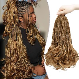 WOKAA Short Crochet Hair for Women 12 Inch 8 Packs French Curl Crochet Braids with Curly Ends Pre-looped Box Braids Blonde mix Brown Synthetic Hair Extensions P27/30#