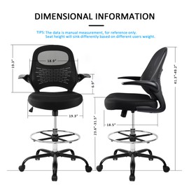 HYLONE Drafting Chair Tall Office Chair with Flip-Up Armrests Ergonomic Computer Chair with Lumbar Support Adjustable Footrest Ring Mesh Standing Desk Chair (Black)