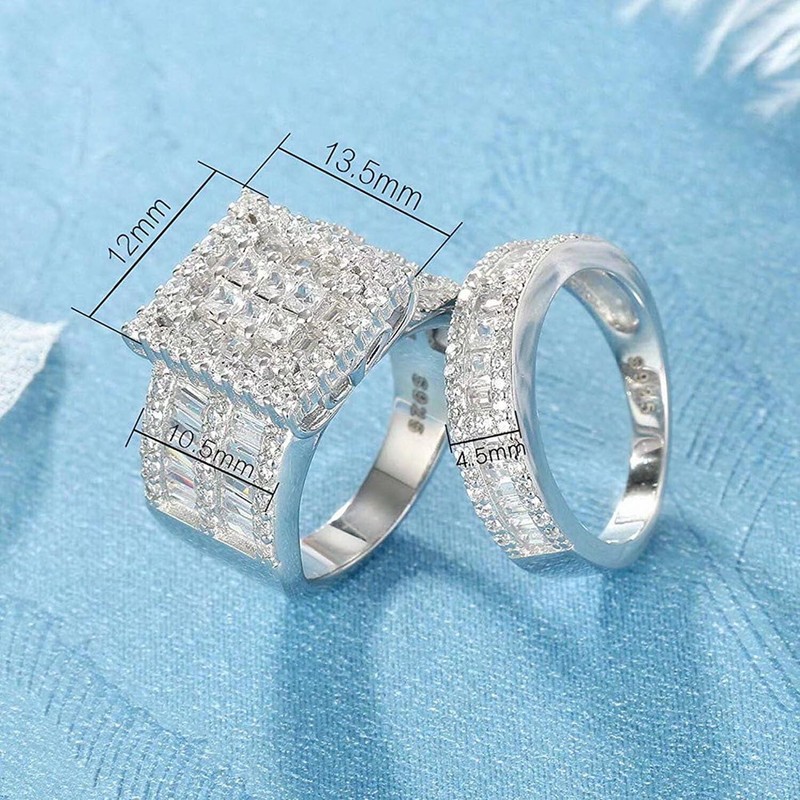 Pophylis Platinum Over Sterling Silver Big Womens Bridal Rings Set