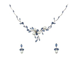 Faship Gorgeous Navy Blue CZ Crystal Mother of Pearls Floral Necklace Earrings Set - Navy Blue