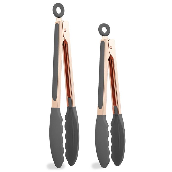 COOK with COLOR Stainless Steel Silicone Tipped Kitchen Food BBQ and Cooking Tongs Set of Two 9” and 12” for Non Stick Cookware, BPA Fee, Stylish, Sturdy, Locking, Grill Tongs, Rose Gold (Charcoal)