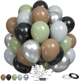 Green Black Grey Balloons, 50Pcs 12 Inches Sage Green Brown Metallic Silver Balloons for Kids Boy Girl Film Star Birthday Party Decorations Baby Shower Movie Party Supplies