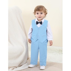 mintgreen Baby Boy Suit, Wedding Bodysuit Waitcoat Gentleman Long Sleeve Clothes Set, Light Blue, 12-18 Months, 90
