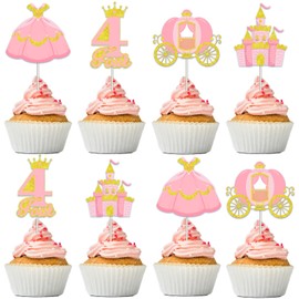 kreat4joy Four Ever a Princess Birthday Decorations Cupcake Toppers, 24pcs Princess 4th Birthday Party Decorations Cupcake Toppers for 4 Year Old Girl Birthday