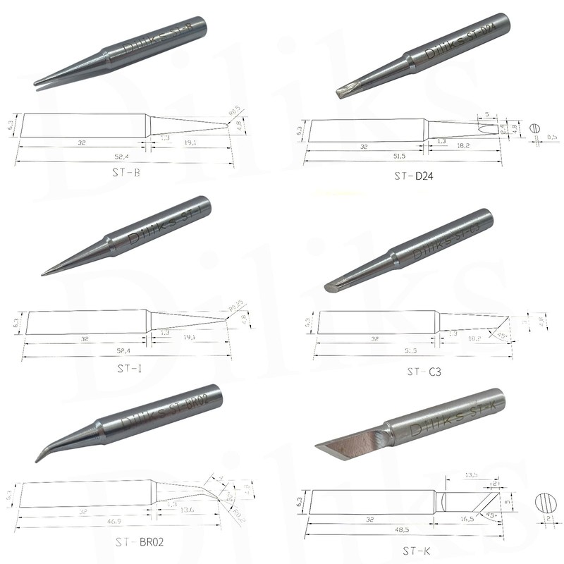 ST 6pcs Soldering Iron Tips Set Includes K+I+B+BR02+D24+C3, For Weller