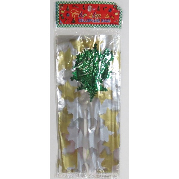 Christmas Treat Bags with Twist Ties - Cellophane Bags (80 Gold Silver Stars Treat Bags)