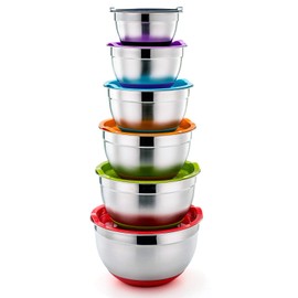 P&P CHEF Mixing Bowls With Lids, Set of 6, Stainless Steel Nesting Mixing Bowls & Fitting Lids & Non-Slip Silicone Bottom, Ideal for Mixing, Storing, Food Preparation,6 Sizes 0.7/1/1.5/2/2.6/4.6 Qt