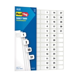 Redi-Tag Daily Adhesive Tabs, Preprinted Daily Tab, 12 Sets of 1-31 plus withBonus Blank Tabs, 7/17" x 1", Durable and Customizable Labels with Permanent Adhesive for Planners & Files, White (1006548)