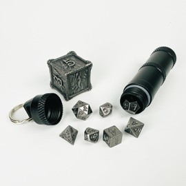 HAOMEJA Mini DND Dice Metal 7pcs Set Tiny Small Polyhedral D&D Dice Set with Portable Dice Box & Necklace & Keychain Portable & Gift Bag Apply to Dungeons and Dragons Dice (Mini Iron & Black)