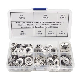 MCMASKE 300PCS Metric M3 M4 M5 M6 M8 M10 M12 Stainless Steel Internal Tooth Starlock Washers Assortment Kit;External Push Rings; Push On Washers;Push Nuts for Unthreaded Shafts
