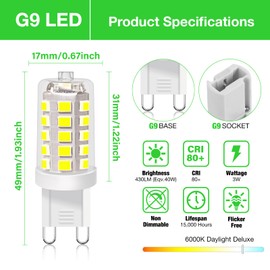 BUBO G9 LED Bulb 6000K Daylight 430 Lumens, 3W Equivalent 40W T4 G9 Halogen Replacement, 360°Beam Angle 120V Non-Dimmable No-Flicker G9 Light Bulbs for Crystal Chandelier Lighting, 10 Pack