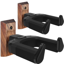 Onmiwod Guitar Wall Mount 2 Pack, Auto Lock Black Walnut Wood Guitar Hanger, Guitar Wall Hangers, Guitar Holder Hook Wall Stand for Classical, Acoustic, Electric Guitar, Banjo, Bass, Gift for Guitar Player