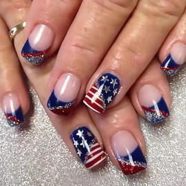 Xenophoer Independence Day 24pcs Press On Nails, Medium Square, Glitter, Silver Star, 4th of July, Full Cover, Plastic, Blue Red White, Art Deco, Full Well Tips