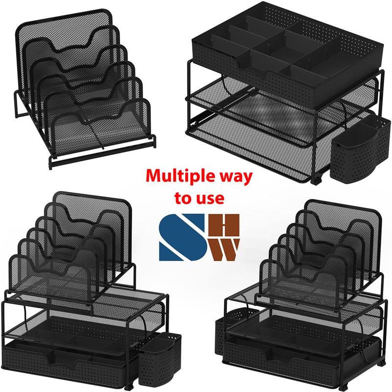 Simple Houseware Mesh Desk Organizer with Sliding Drawer, Double Tray