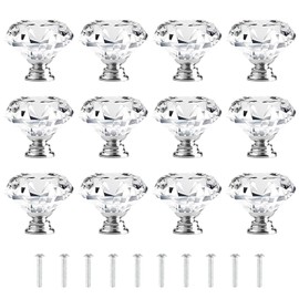 Attom Tech Home [12 PCS] 40mm Crystal Clear Glass Cabinet Drawer Pulls, Diamond Shape Cupboard Knobs with Screws for Kitchen, Dresser, Cupboard, Bathroom, Wardrobe (1.6 inch / 40mm)