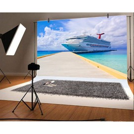 AOFOTO 10x8ft Cruise Ship Backdrops for Party Beautiful Sea Landscape Green Water Blue Sky White Clouds Wooden Plank Board Bridge Photography Background Family Outing Vinyl Photo Studio Drapes