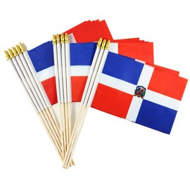 Newperlite Dominican Stick Flag Small Mini Hand Held Flags - Solid Wooden Pole and Spear Top,12 Pack, 5x8 Inches