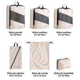 Organizador de Viaje para Maletas Compresión 50% Espacio - Set de 6 Bolsas Organizadoras de Viaje - Organizador de Equipaje Impermeable para Ropa, Cosméticos, Zapatos (02 Metros blancos)