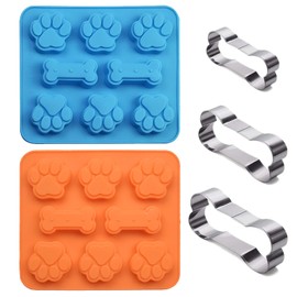 Set of 5, 2 Packs Silicone Molds Puppy Dog Paw & Bone Shaped 2 in 1 and 3 Packs Stainless Steel Bone Cookie Cutter,for Homemade Treats and Cat Animal Paw Ice Candy Chocolate Baking Mold (Blue&Orange)