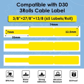 Phomemo D30 Cable Labels Colorful Waterproof Wire Cord Labels, (12.5mm X 74mm) 65 Labels/Roll, Tags Stickers Tear Resistant Flexible, Phomemo d30 Label Tape -Black on Yellow Paper, 3 Roll