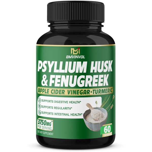 BMVINVOL Psyllium Husk Capsules 3750mg - Fenugreek, Apple Cider Vinegar, Turmeric - Fiber Supplement for Supports Digestive Health & Regularity (60Count)