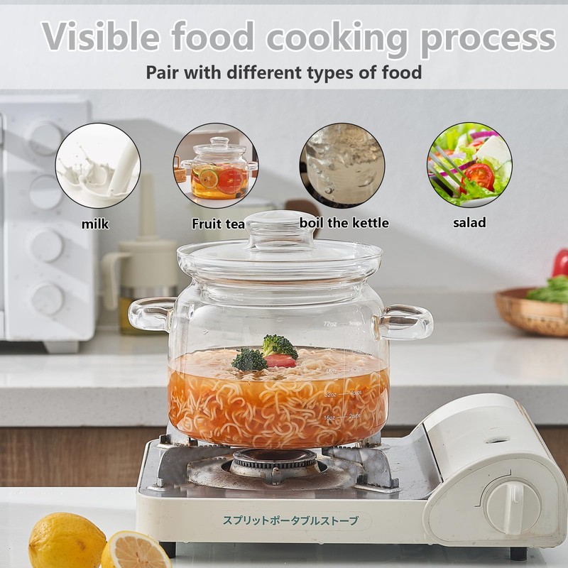 Jjojcll 2.3L(75oz) Glass Cooking Pot with Lid,Handmade Borosilicate Glass Stockpot