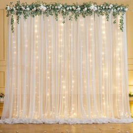 10ft x 7ft White Chiffon Backdrop Curtain with Lights String for Parites Wedding Wrinkle Free Curtain Photo Backdrops Drapes for Baby Shower Birthday Party Home Decorations
