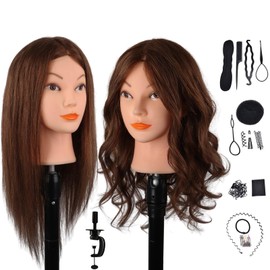 DaizySight Mannequin Head with 100% Real Hair, 18" Dark Brown Natural Human Hair Hairdressing Doll Head for Practicing Hair Styling, Curling, Straightening, Coloring with Clamp & Styling Tools