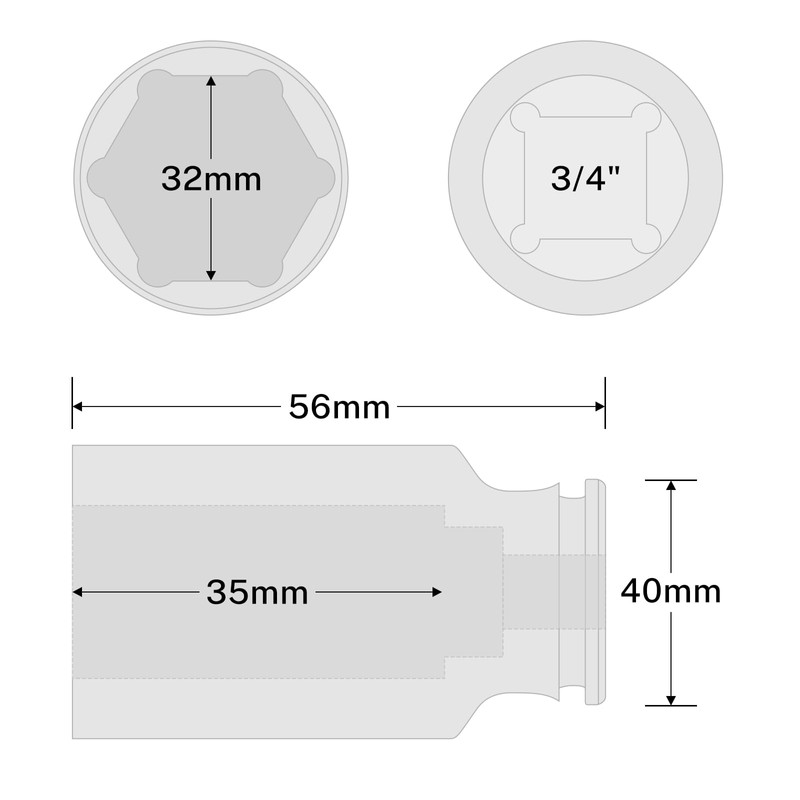 BILITOOLS 32mm Socket 3/4" Drive Standard Impact Socket, Metric 6-Point