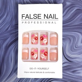 French Tip Press on Nails Valentine's Day Fake Nails Reusable Full Cover Square Shaped False Nails with Red Pink White Lips Designs White Tip Nude Glue on Nails Reusable Acrylic Nails for Women