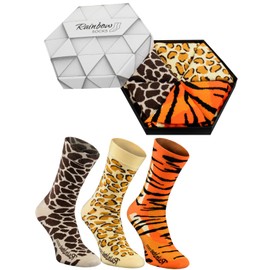 Rainbow Socks - Women's Men's Funny Wild Animal Pattern Socks Box - 3 Pairs, 3 x Panther giraffe tiger