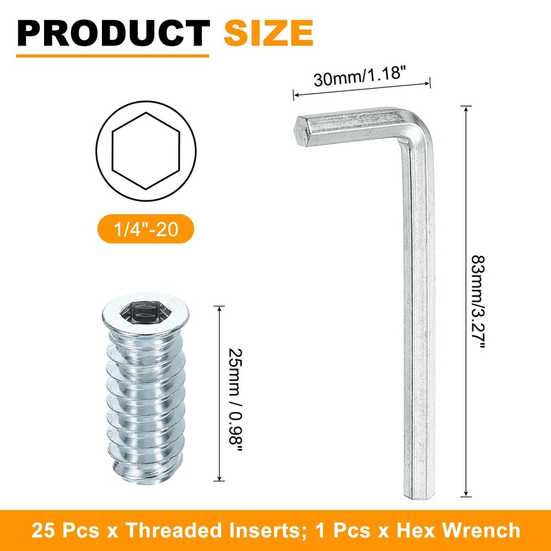 sourcing map 25 Pcs Threaded Insert for Wood, 1/4" -