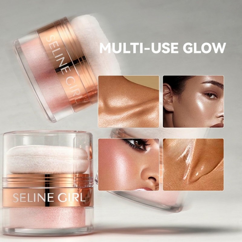Qwesure Xixi Highlighter Powder with Powder Puff, Loose Shimmer Powder